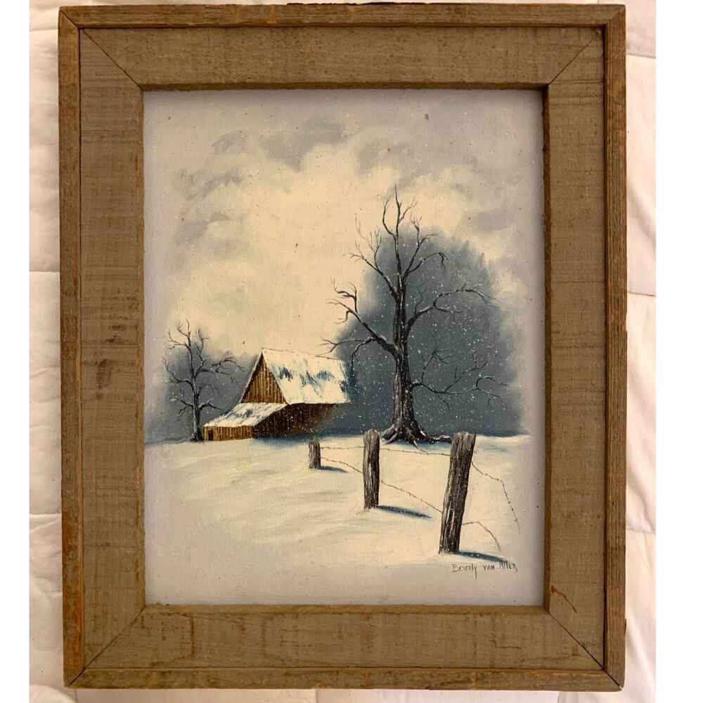 Original Oil Painting Snowy Landscape Country Barn Sky Wood Frame 14x17